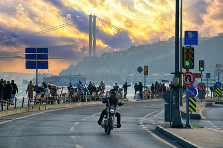 Motor driver travels in Istanbul Bosphorus. Motor is on a city tour.のeditorial素材
