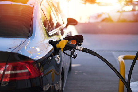 Refuel cars at the fuel pump. The driver hands, refuel and pump the car's gasoline with fuel at the petrol station. Car refueling at a gas station.の写真素材