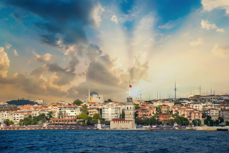 Maiden's Tower and magnificent sunset view in Istanbul.の写真素材
