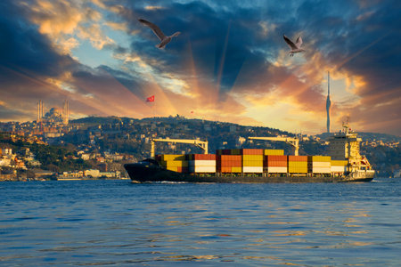 Cargo ship in the Bosphorus. Cargo ship sails in the Bosphorus.の写真素材