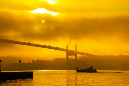 Ortakoy Mosque and Bosphorus Bridge in Istanbul, Turkey. Dramatic sky. The 15 July Martyrs Bridge in...