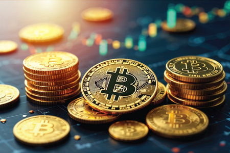Bitcoin and cryptocurrency investing concept with graph. Bitcoin cryptocurrency coins. Trading on...