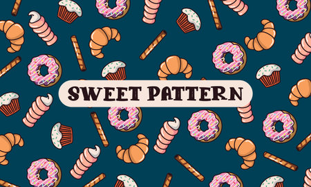 Sweet pattern with donuts, straws, muffins and cakes. Pattern of randomly scattered sweets on a blue background.Can be used as in packaging, spider web as a boardのイラスト素材
