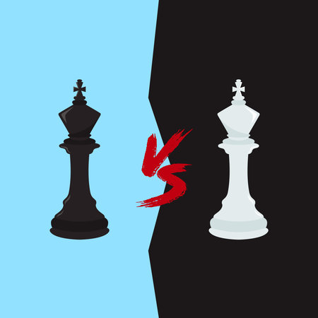 Two figures of a king from chess. White and black king from chess and the inscription VS in the middle. Confrontation between two kings.Versus illustrationのイラスト素材