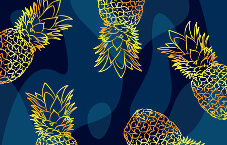 Background in the form of a pattern of pineapples on blue spots.Exotic background with summer mood