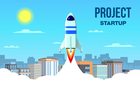 <p>Rocket flying up against the background of the city. Startup business lettering below. startup background.</p>のイラスト素材