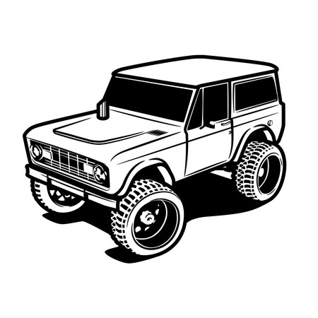 A car with large wheels for travel in the mountains and forests. isolated on white background. Illustration in ink hand drawn style.のイラスト素材