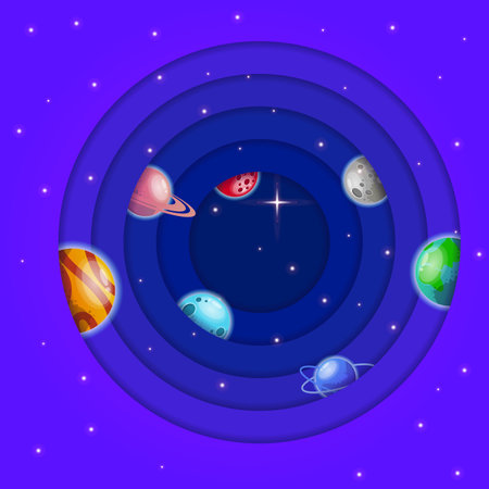 Starry space in 3d papercut layered.Galaxy with planets. colorful astronomy. volumetric space. Mood for traveling in the universe.のイラスト素材