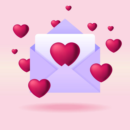 Opened 3d envelope and letter with heart.Romantic message for Valentine's Day.Valentines day board with hearts and love letter.Valentine's Day Love Emailのイラスト素材