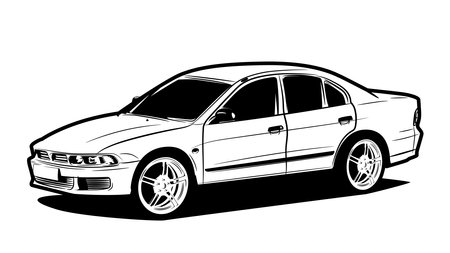 Black drawing of a Japanese sedan. Cars with a shark face. Poster for a car wash or auto repair shop. Powerful car on huge disks.Beautiful and stylish transport.Illustration in ink hand drawn style.のイラスト素材