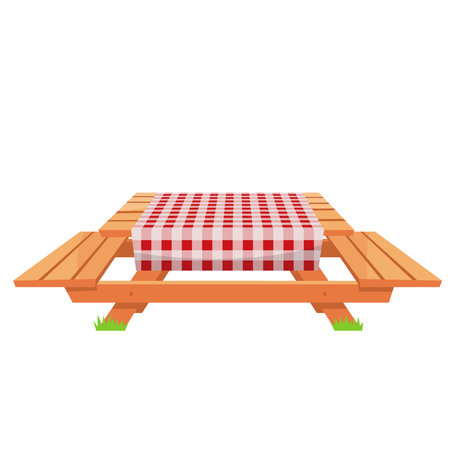 Table with picnic benches in dark brown color,isolated on white background.summer moodのイラスト素材
