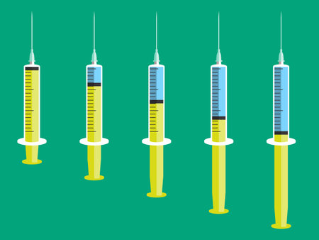 Medical syringe icon set.Illustration of medical syringes with needle in flat minimalism style.Syringes are filled with vaccine solutionのイラスト素材