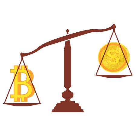Scales with a bitcoin icon on the left side and a coin on the right. Isolated over white background. Bitcoin wealth concept.Bitcoin vs dollar concept with balance scalesのイラスト素材