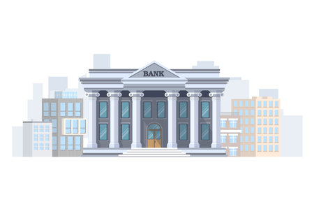 The bank building is gray against the background of the city. Two-story bank building in flat styleのイラスト素材