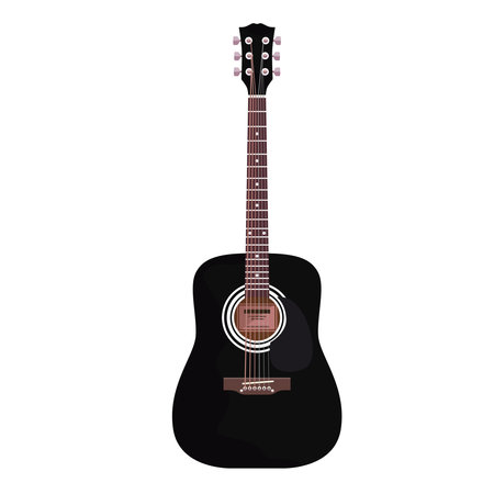 Black acoustic guitar with a brown neck. Musical instrument with strings. Isolated on white background, there is a place for an inscriptionのイラスト素材