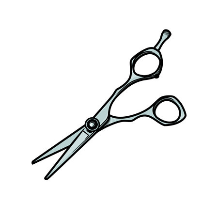 Iron scissors for cutting hair isolated on white background. Illustration in ink hand drawn style.のイラスト素材