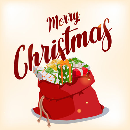 Illustration of Santa's bag full of gifts. Back lettering Merry Christmasのイラスト素材