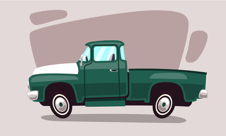 Old green pickup truck in cartoon style. Tires are oval wheels. It can be used in animations and cartoons.のイラスト素材