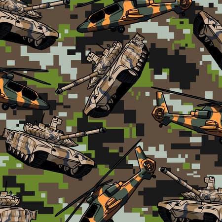 Pattern of military equipment on the background of pixel camouflage. Military camouflage with tanks and helicoptersのイラスト素材