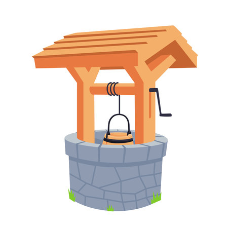 Rustic well with wooden roof and stone wall. isolated on white background. cartoon style. water well in summerのイラスト素材