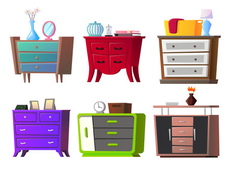 A set of nightstands of different shapes and colors in a flat style. isolated on a white background. cartoon style furnitureのイラスト素材