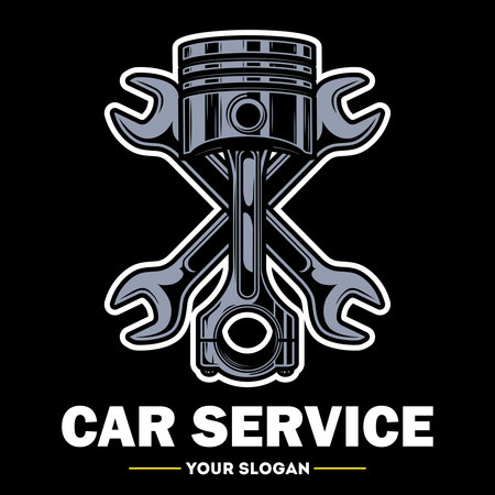 Billboard in the form of auto parts on a black background. The inscription at the bottom of the car service. auto parts monochrome illustrationのイラスト素材