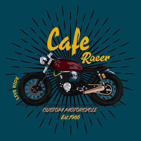 Old fashioned burgundy motorcycle. Sports bike without wings. Cafe racer on a blue background.Cover or board for motocrossのイラスト素材