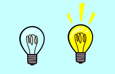 Two light bulbs on a blue background, one off, the other emitting light. concept ideasのイラスト素材