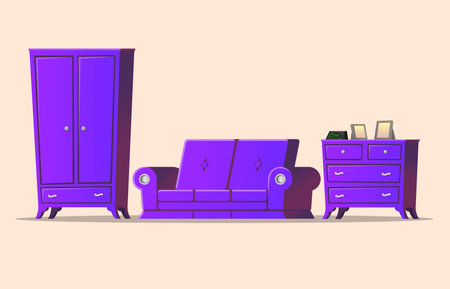 Illustration of a sofa and chest of drawers on a beige background. cartoon style. Can be used in animation. room conceptのイラスト素材