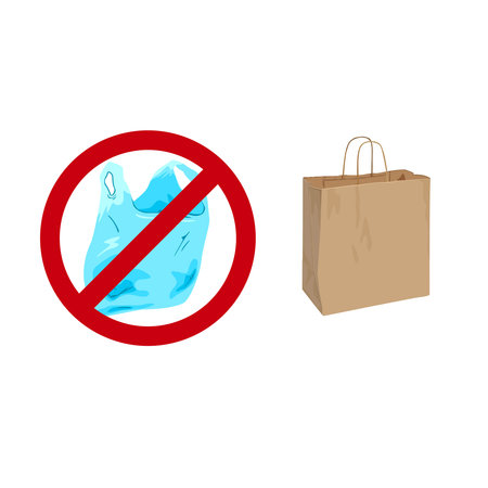3d image of a plastic bag in a crossed out red circle and a paper cardboard bagのイラスト素材