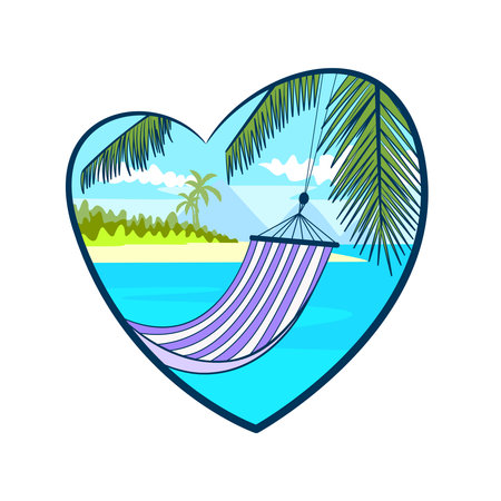 Illustration in the form of a heart in which a hammock is visible for relaxing in the background of which there is a beach with palm trees. isolated on a white background. holiday theme illustrationのイラスト素材