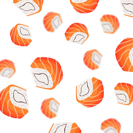 Pattern Rolls of rice and salmon falling down.Isolated on a white background. Japanese foodのイラスト素材