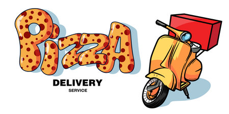 Billboard in the form of a scooter and the inscription to the right Pizza delivery service. isolated on white backgroundのイラスト素材