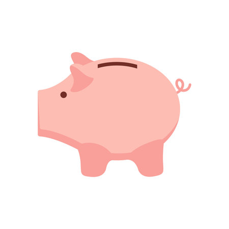 Cute piggy bank pig sideways to us.Piggy bank in the form of a pink pig on a white background.のイラスト素材
