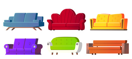 Set illustration of sofas of various shapes and colors. isolated on white backgroundのイラスト素材