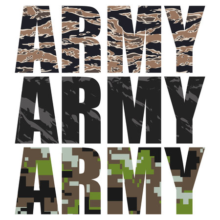 Lettering Army with different camouflage textures. isolated on white backgroundのイラスト素材
