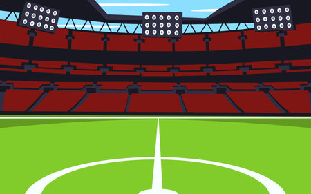 Background in the form of a football field with stands and spotlights. Sports mood. cartoon styleのイラスト素材