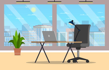 Background in the form of an office with a desk, laptop and computer chair.In the background, panoramic windows with the city.Simple styleのイラスト素材