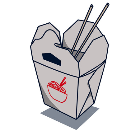 Noodle box with chopsticks sticking out of it. Asian food for fast food. Hot noodle icon or logo.Isolated on white background there is a place for an inscriptionのイラスト素材