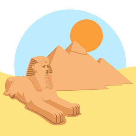 Desert background with pyramids and sphinx.Illustration of Egypt with a blazing sunのイラスト素材