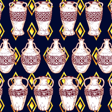 A pattern of old cracked jugs. Antique vase-shaped ceramics. The pattern can be used in knitwear. Pattern of jugs for water or wineのイラスト素材