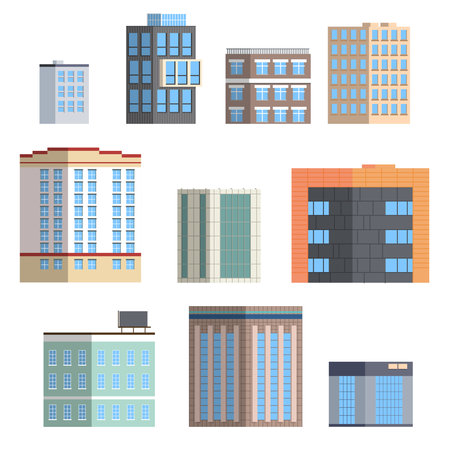 A set of buildings of different shapes and heights. Isolated over white background. Houses for the streets. Simple styleのイラスト素材