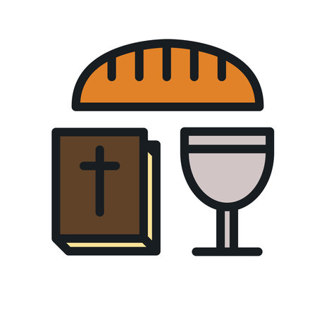 Icon of bread, glass of wine and Bible book. Christian supper icons.Isolated on white backgroundのイラスト素材