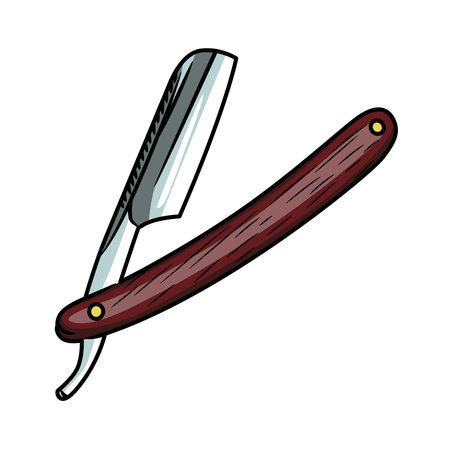 Straight razor with burgundy wooden handle.Isolated on a white background.Illustration in ink hand drawn style.のイラスト素材