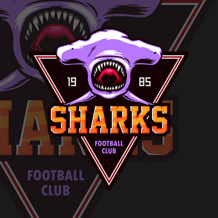 Jaw of a purple shark hammer with the inscription "sharks."のイラスト素材