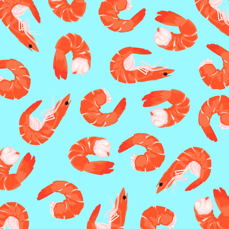 Sea food pattern: pink shrimps on blue background. Funny kids texture. Marine delicious decoration.のイラスト素材