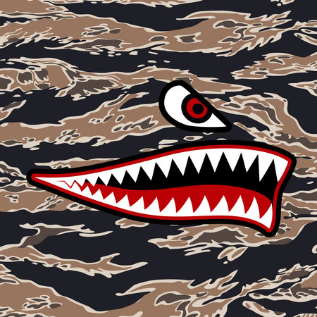 Shark rocks on camouflage background. Flying Tiger Shark Stickerのイラスト素材