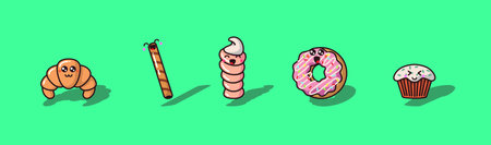Cute sweets with emotions on light green background. Donut, sweet pipes and cupcake in vector. Very funny and funny kawaii sweets. Can be used as stickers, icons or in animations.のイラスト素材