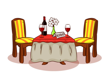 Romantic table for two. On the table is a bottle of wine, a vase of flowers, glasses of wine and an icon reserved.The illustration is done in the style of sketches. A little table for two for a dateのイラスト素材