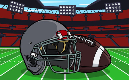 Illustration of helmet with ball for American soccer located on playing field. Sports billboard of American soccer. Sports moodのイラスト素材